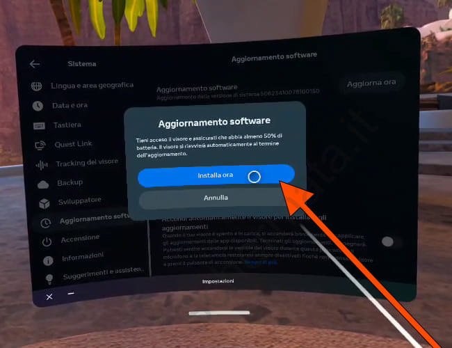 Conferma l'installazione dell'aggiornamento Meta Quest