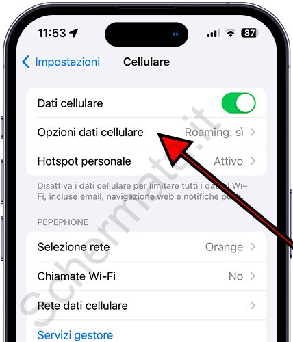 Opzioni dati mobili iPhone