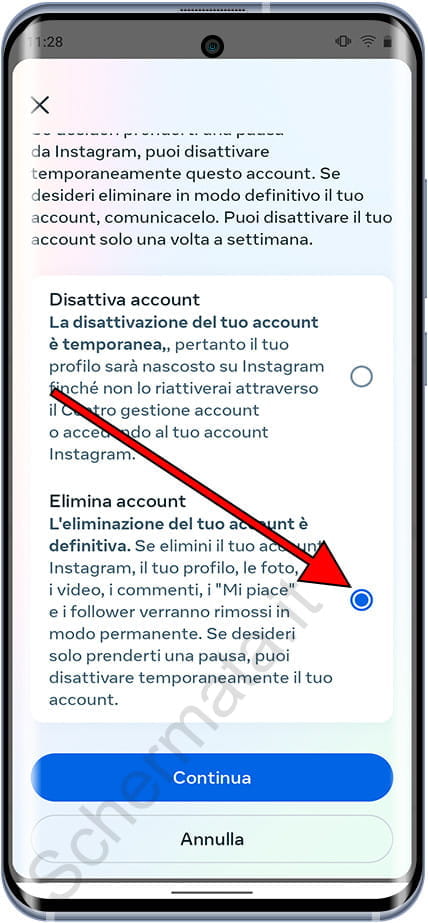 Elimina l'account Instagram