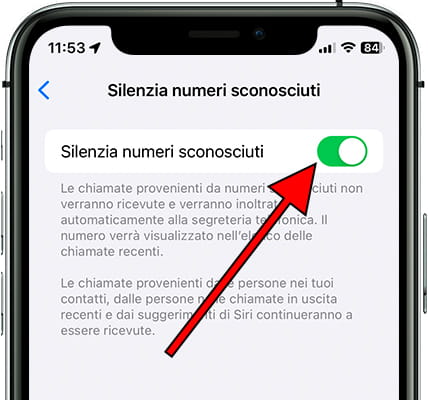 Attivare Silenzia numeri sconosciuti iPhone