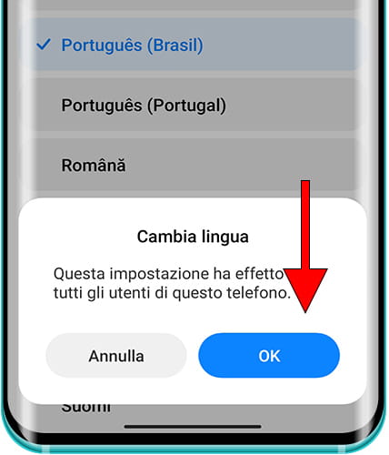 Conferma il cambio di lingua Xiaomi