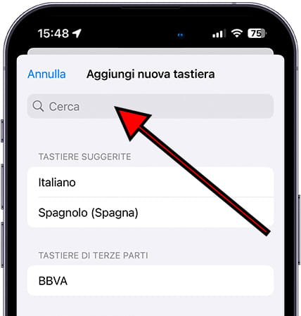 Cerca le lingue della tastiera iOS