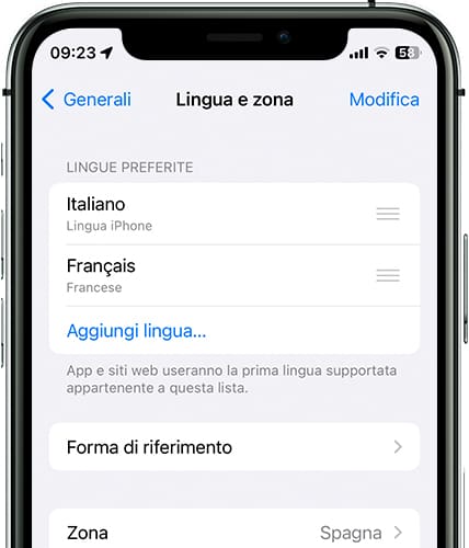 Cambia l'ordine delle lingue iOS