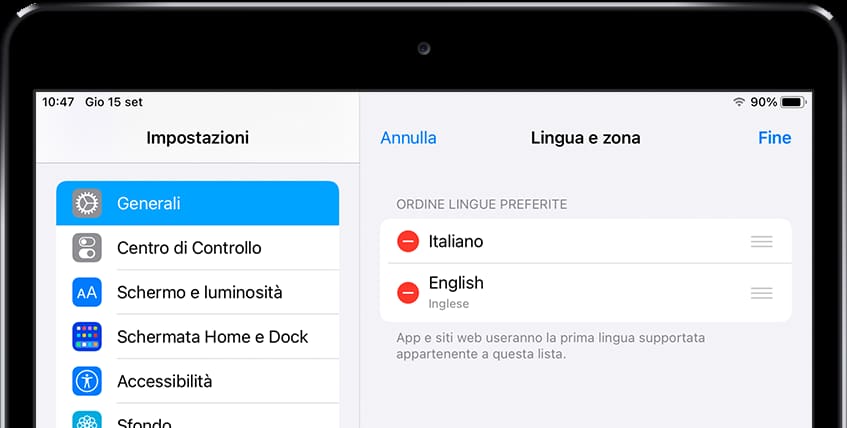 Cambia l'ordine delle lingue iOS