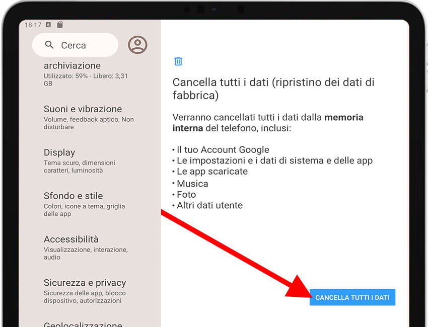 Cancella tutti dati Android